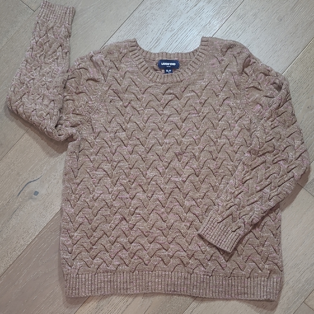 EUC Land's End Sweater Women's sz XL/P Drifter Brown/Pink Cable Knit Crew Neck